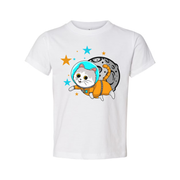 Space Cat Astronaut Cartoon Unisex T Shirt With Orange Spacesuit And Moon Backdrop