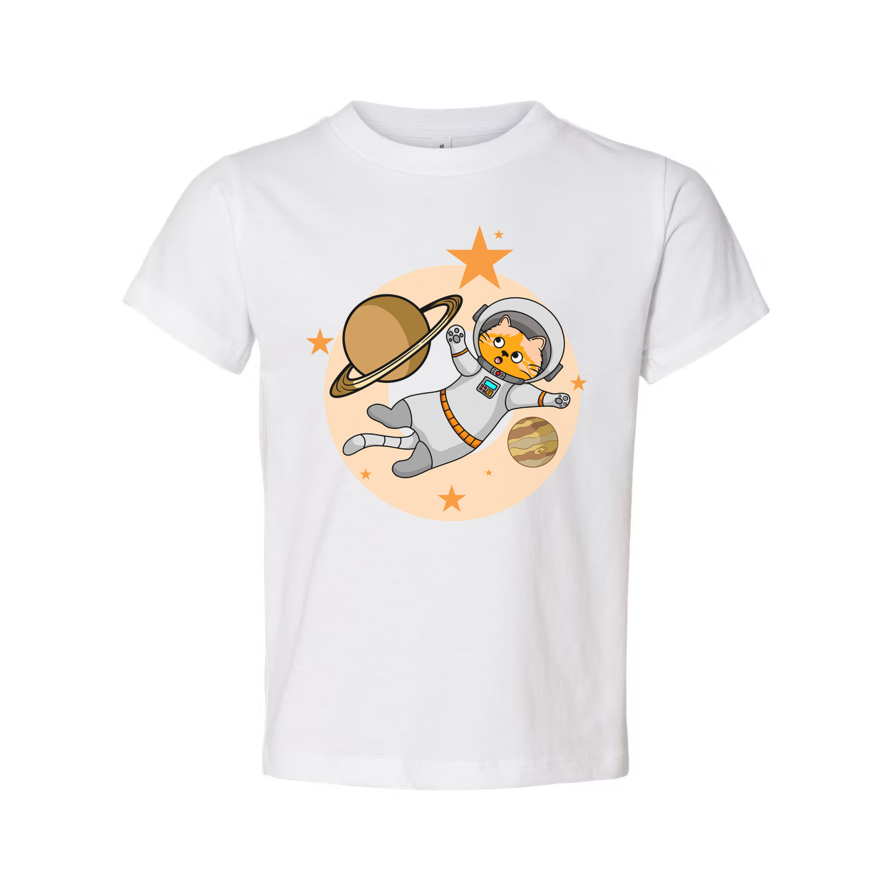 Space Cat Astronaut Floating Among Planets And Stars On Colorful Graphic Tee For Kids And Adults