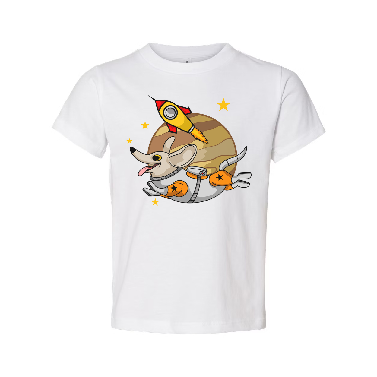 Space Animals Cartoon Astronaut Dog T Shirt Featuring Rocket Planet Orbit And Stars For Unisex Adults