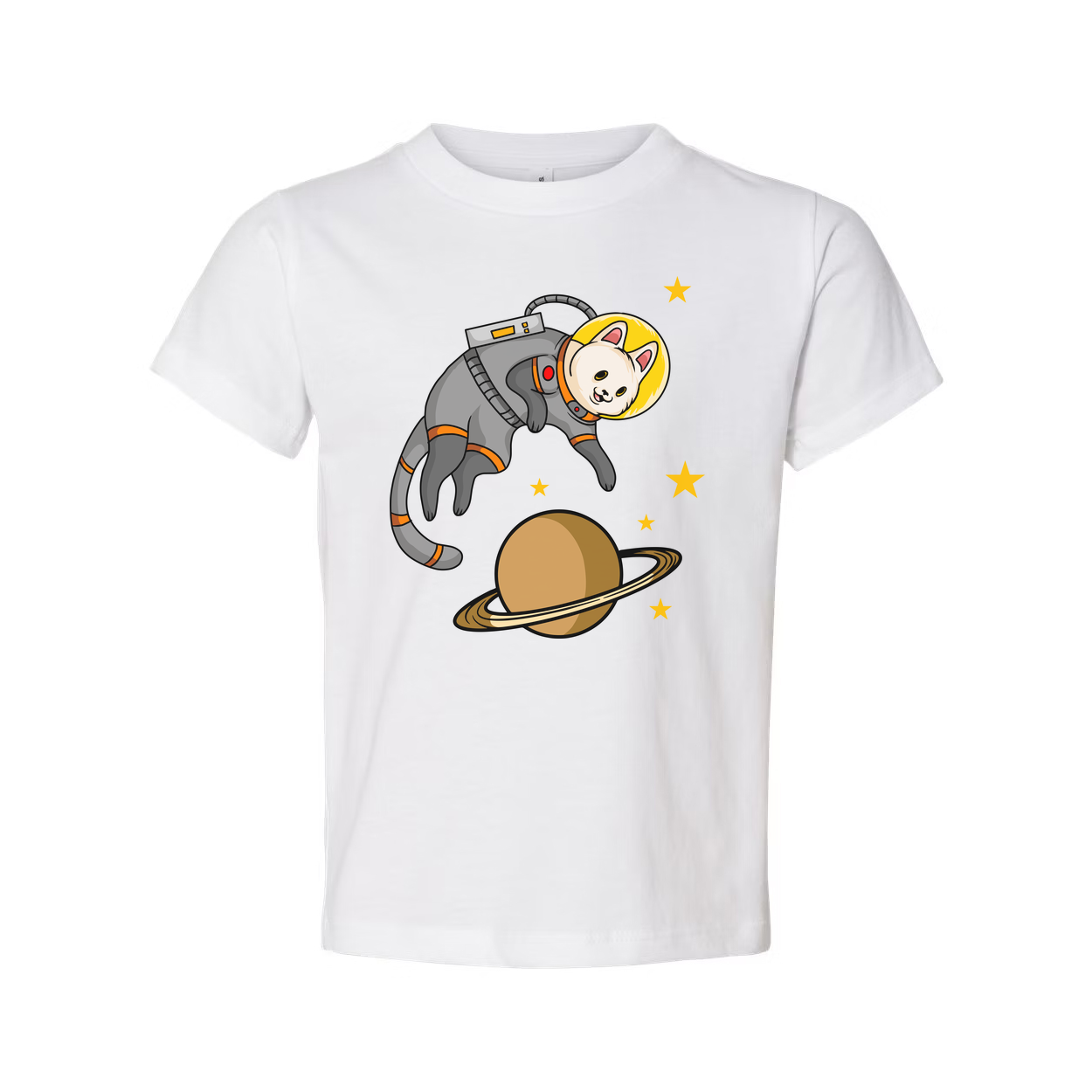 Unisex Space Cat Astronaut Graphic Tee Featuring Saturn Planet And Starry Space Scene