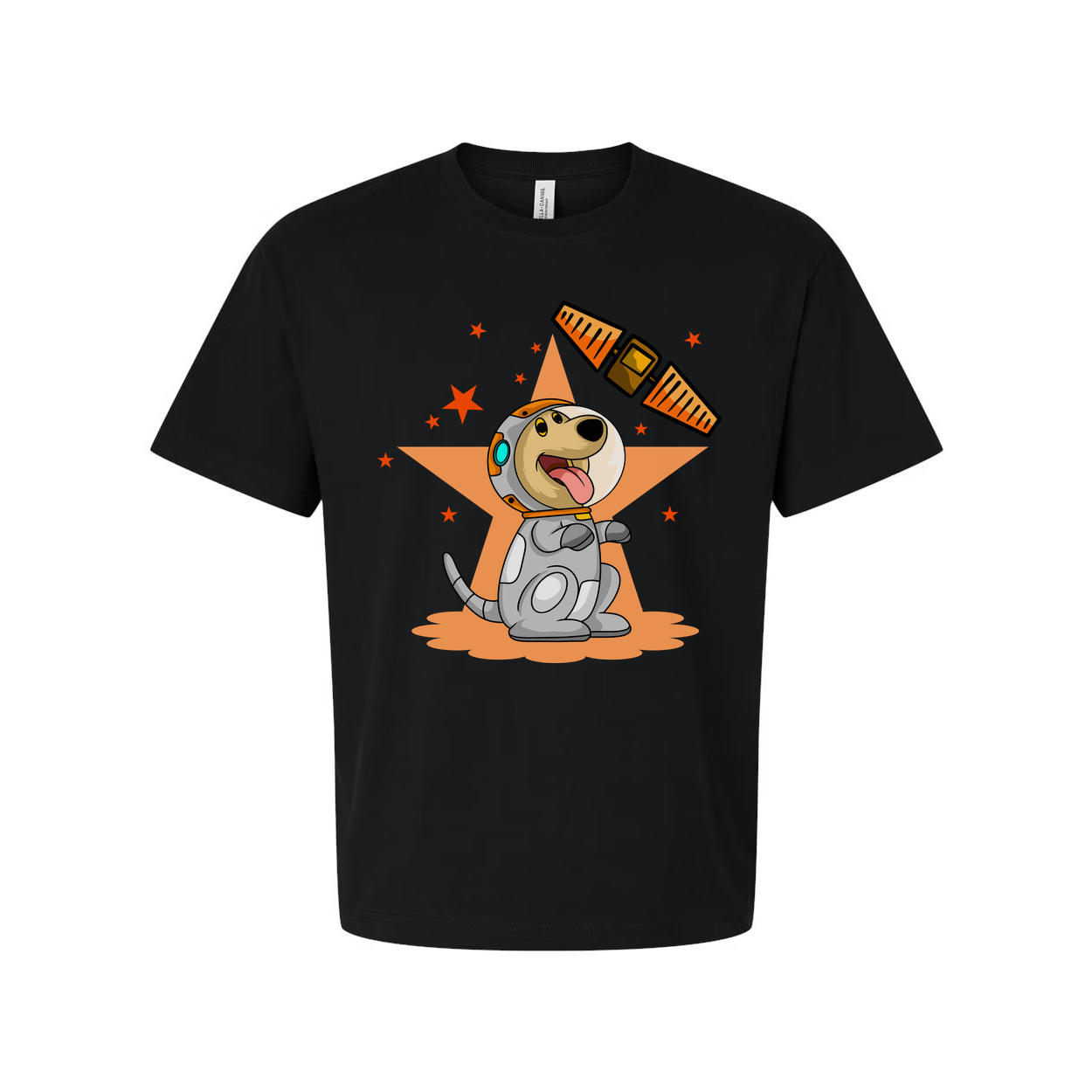 Space Dog Cartoon Graphic Tee With Orange Star Background And Satellite Illustration Design