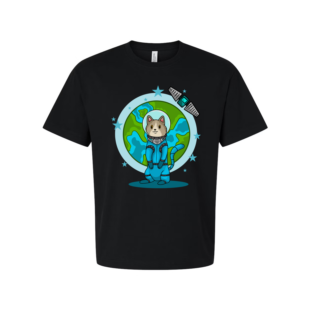 Space Animals Cat In Spacesuit T Shirt With Earth Backdrop And Satellite Graphic Design