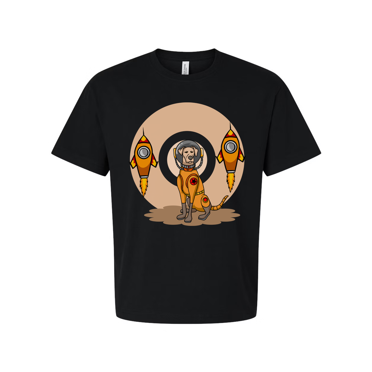 Space Explorer Dog T Shirt With Orange Lunar Rockets Design For Unisex Adults Enthusiasts
