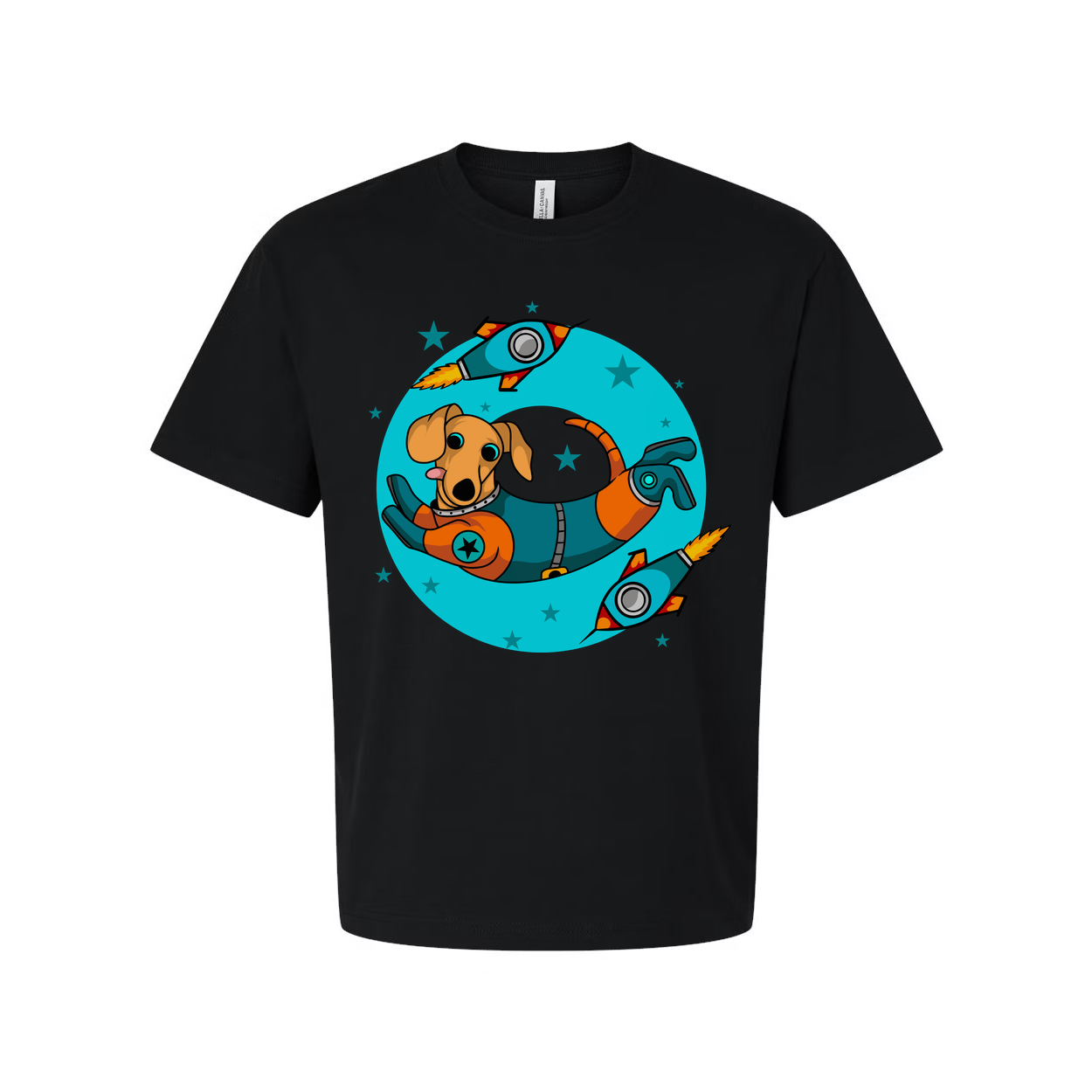 Space Dog In Astronaut Suit Surrounded By Rockets And Stars Graphic Unisex T Shirt