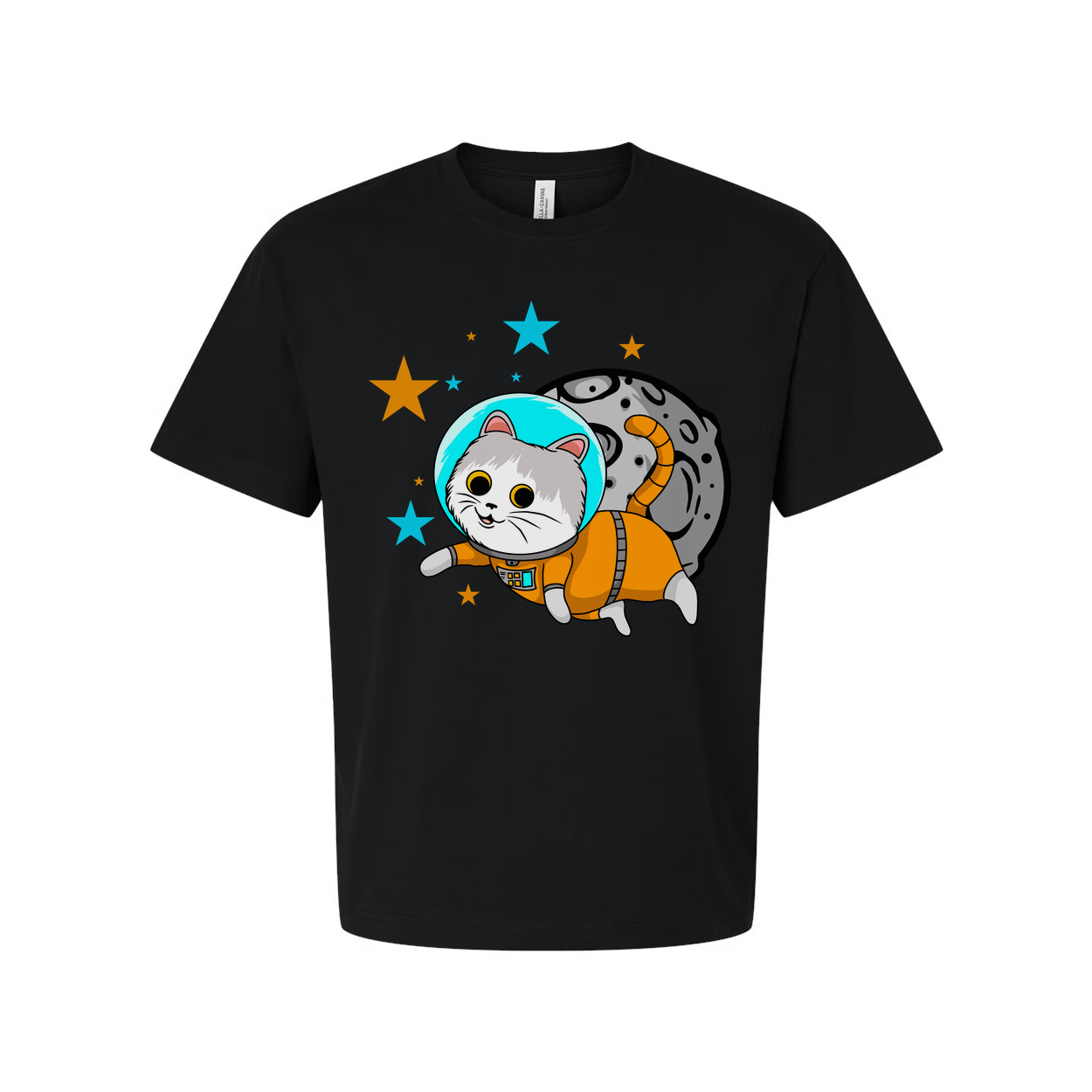 Space Cat Astronaut Cartoon Unisex T Shirt With Orange Spacesuit And Moon Backdrop