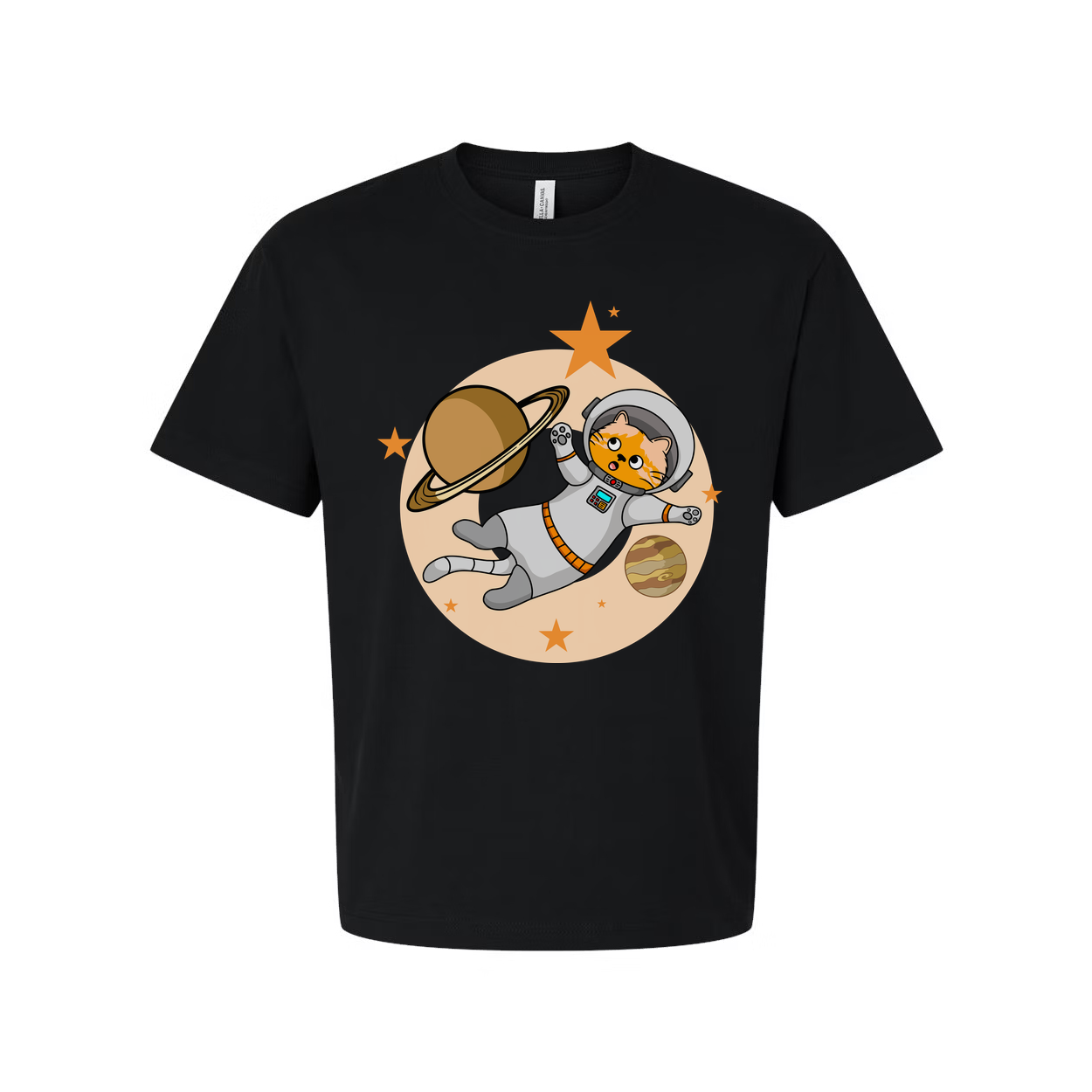 Space Cat Astronaut Floating Among Planets And Stars On Colorful Graphic Tee For Kids And Adults
