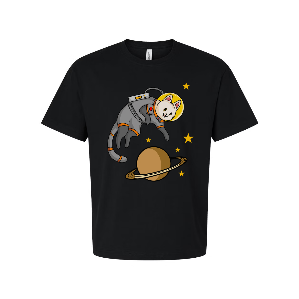 Unisex Space Cat Astronaut Graphic Tee Featuring Saturn Planet And Starry Space Scene