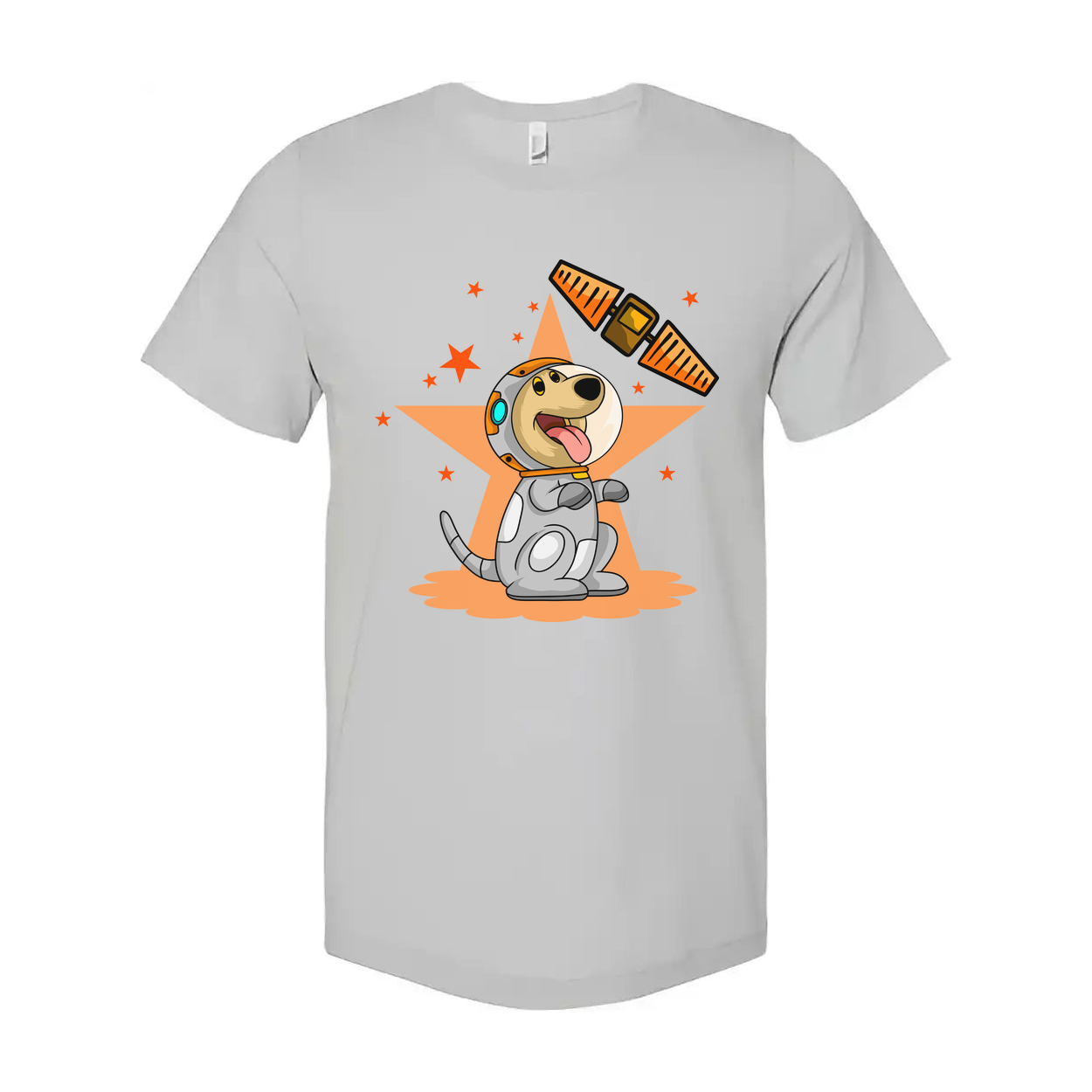 Space Dog Cartoon Graphic Tee With Orange Star Background And Satellite Illustration Design