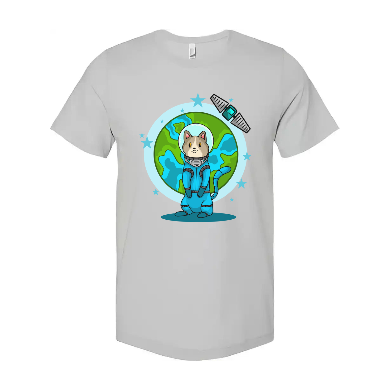 Space Animals Cat In Spacesuit T Shirt With Earth Backdrop And Satellite Graphic Design