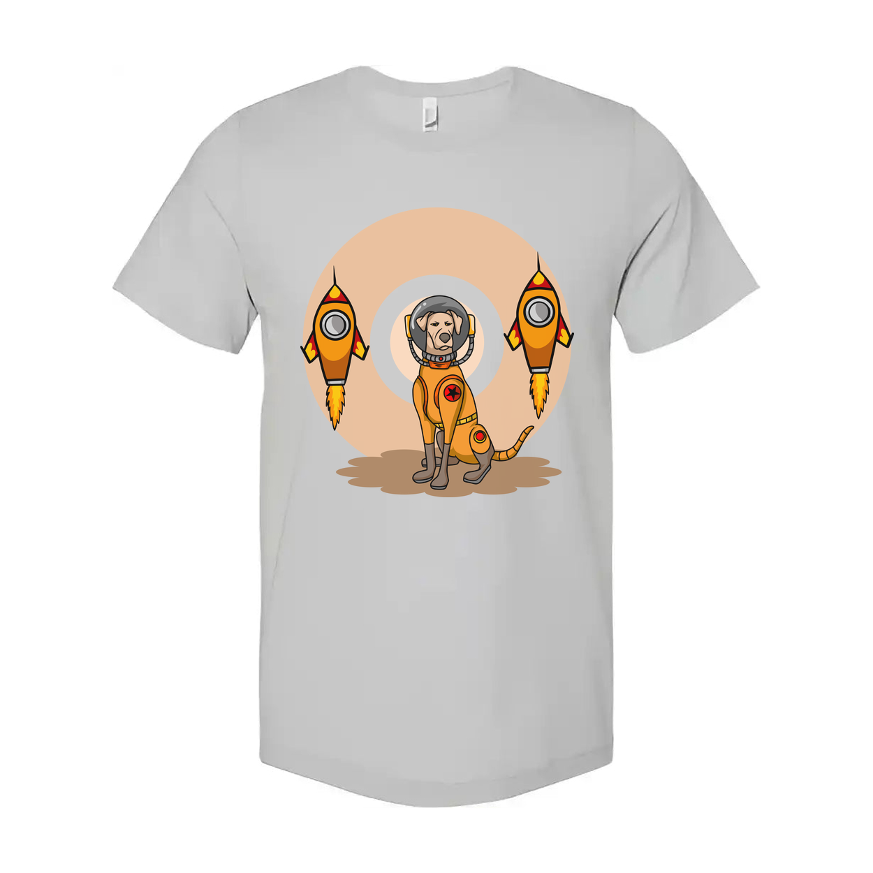Space Explorer Dog T Shirt With Orange Lunar Rockets Design For Unisex Adults Enthusiasts