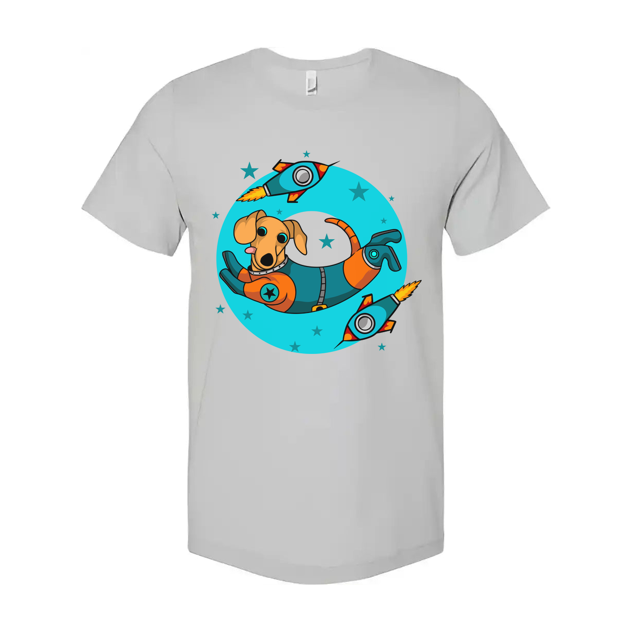 Space Dog In Astronaut Suit Surrounded By Rockets And Stars Graphic Unisex T Shirt