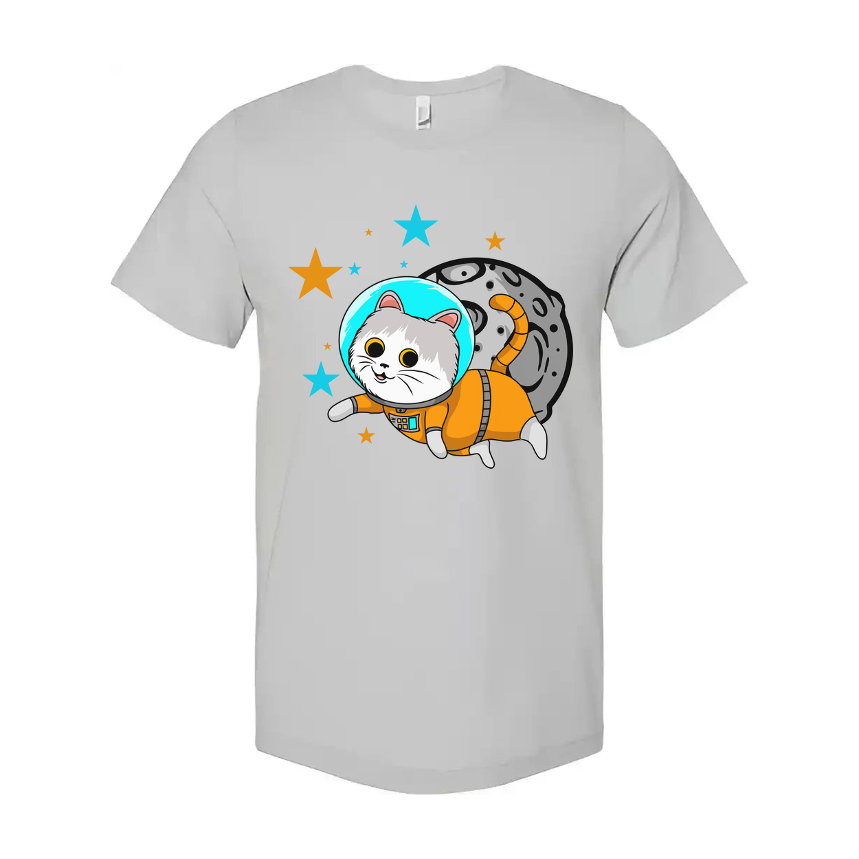 Space Cat Astronaut Cartoon Unisex T Shirt With Orange Spacesuit And Moon Backdrop