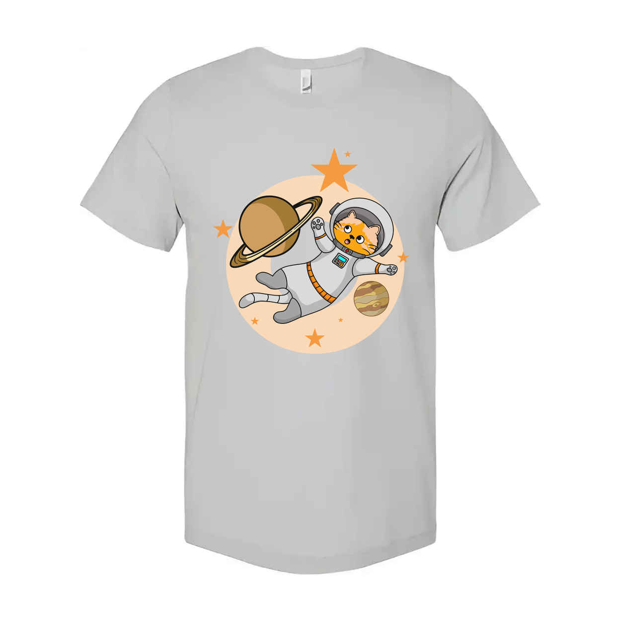 Space Cat Astronaut Floating Among Planets And Stars On Colorful Graphic Tee For Kids And Adults