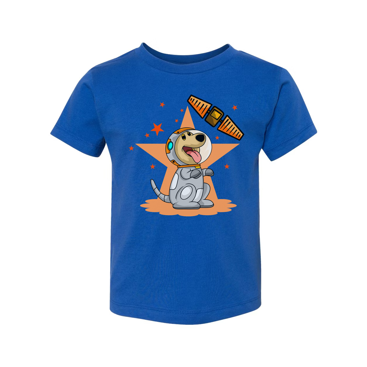 Space Dog Cartoon Graphic Tee With Orange Star Background And Satellite Illustration Design
