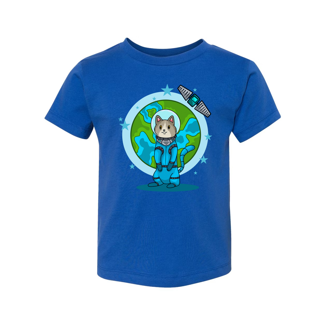 Space Animals Cat In Spacesuit T Shirt With Earth Backdrop And Satellite Graphic Design