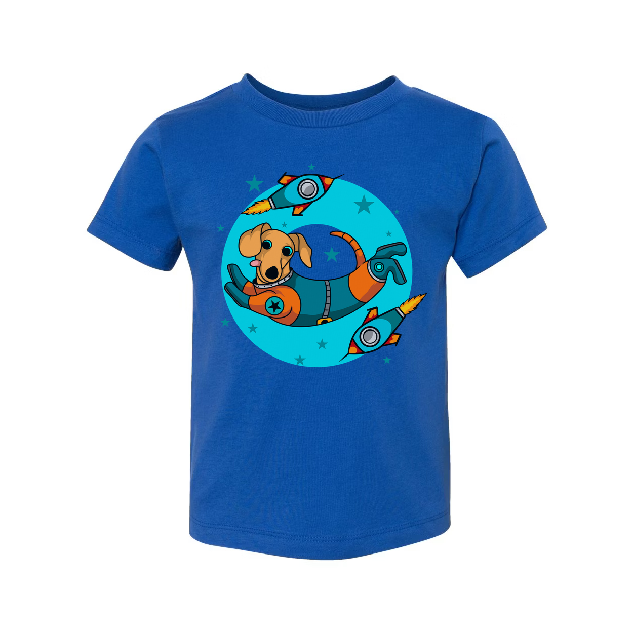 Space Dog In Astronaut Suit Surrounded By Rockets And Stars Graphic Unisex T Shirt