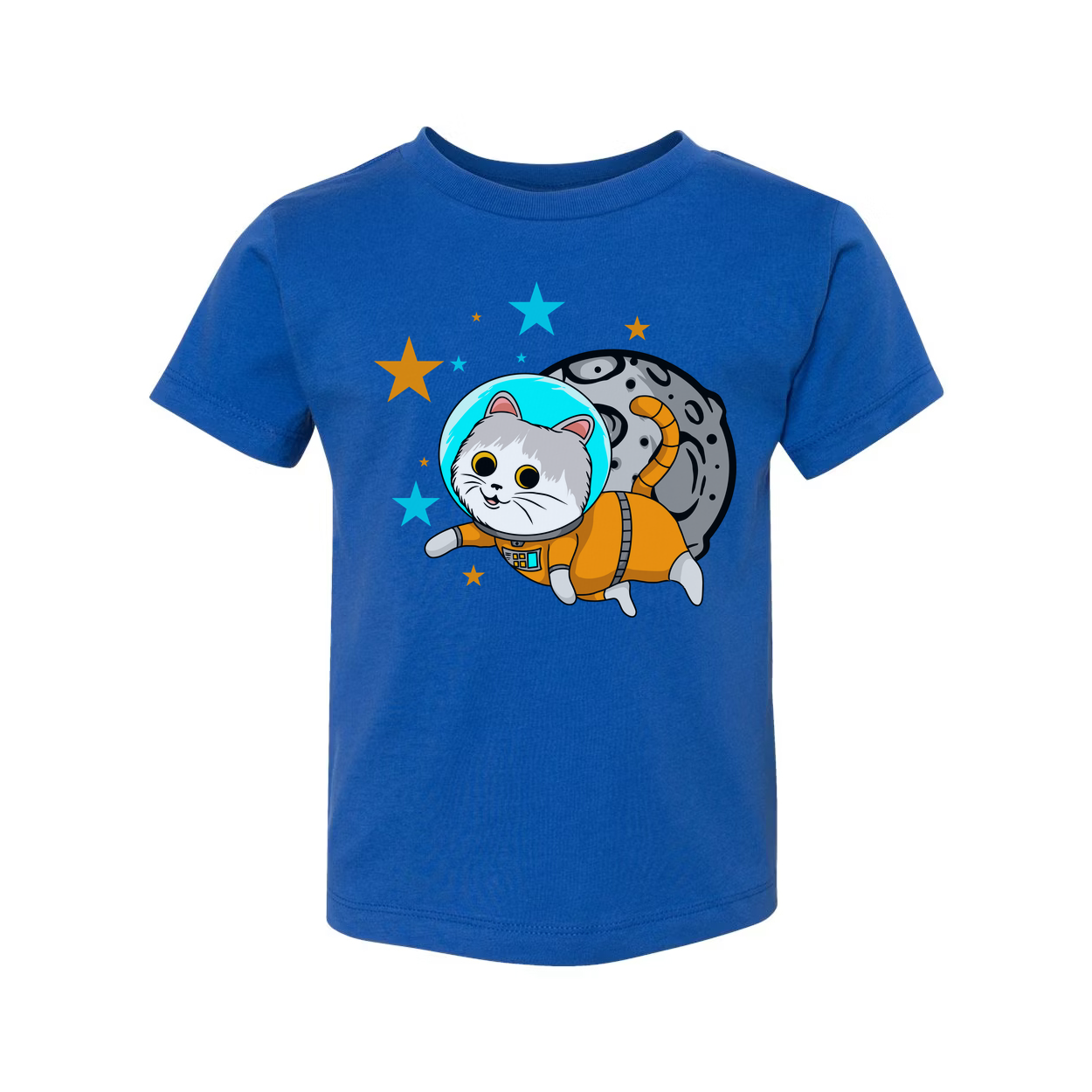 Space Cat Astronaut Cartoon Unisex T Shirt With Orange Spacesuit And Moon Backdrop
