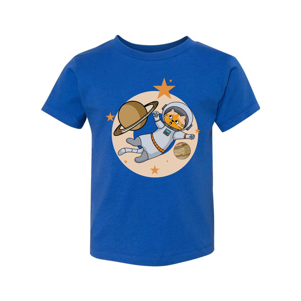 Space Cat Astronaut Floating Among Planets And Stars On Colorful Graphic Tee For Kids And Adults