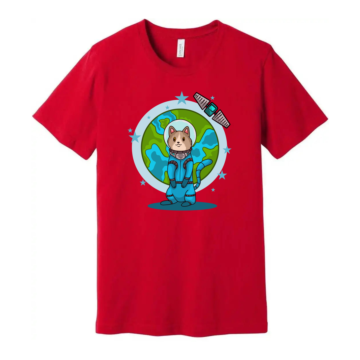 Space Animals Cat In Spacesuit T Shirt With Earth Backdrop And Satellite Graphic Design