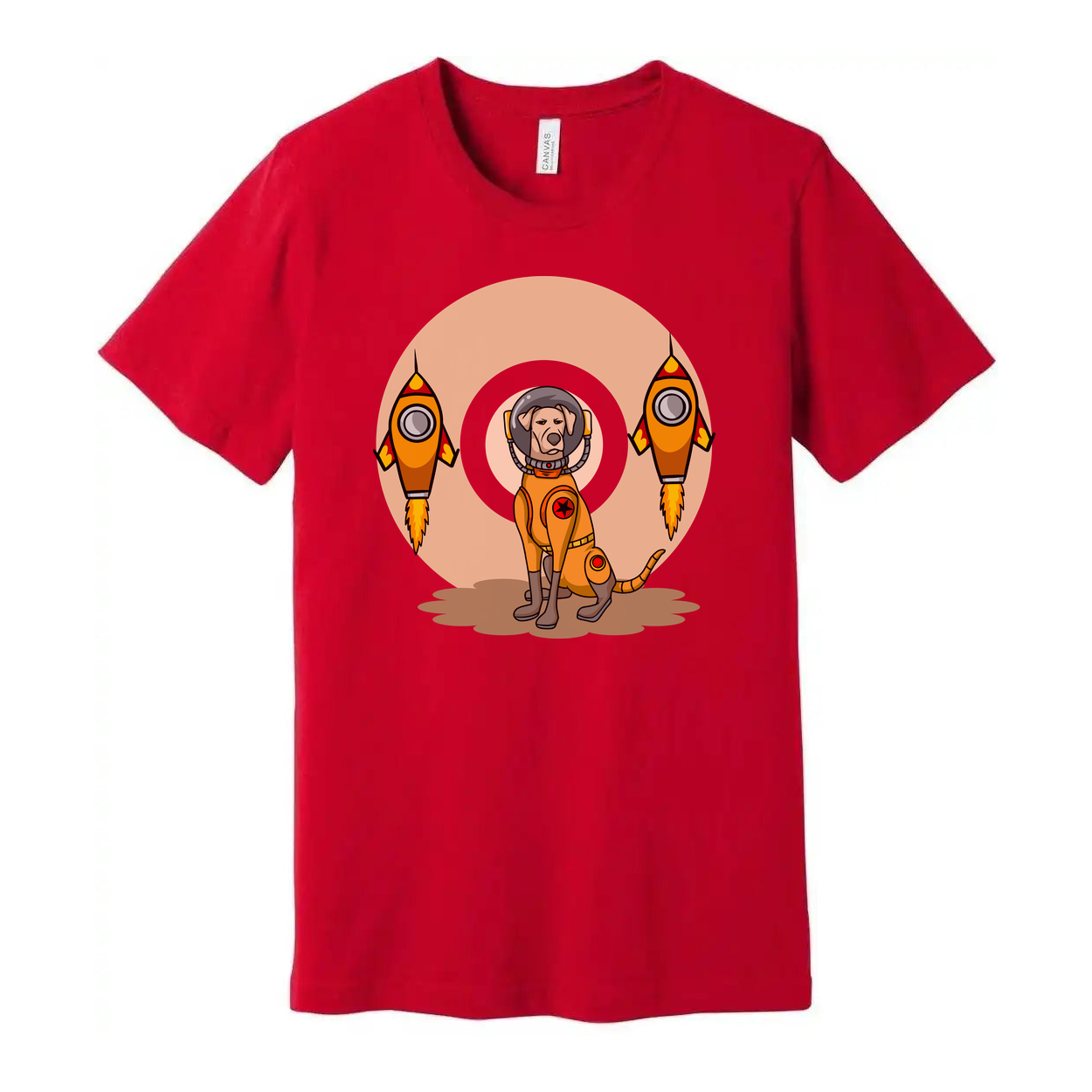 Space Explorer Dog T Shirt With Orange Lunar Rockets Design For Unisex Adults Enthusiasts