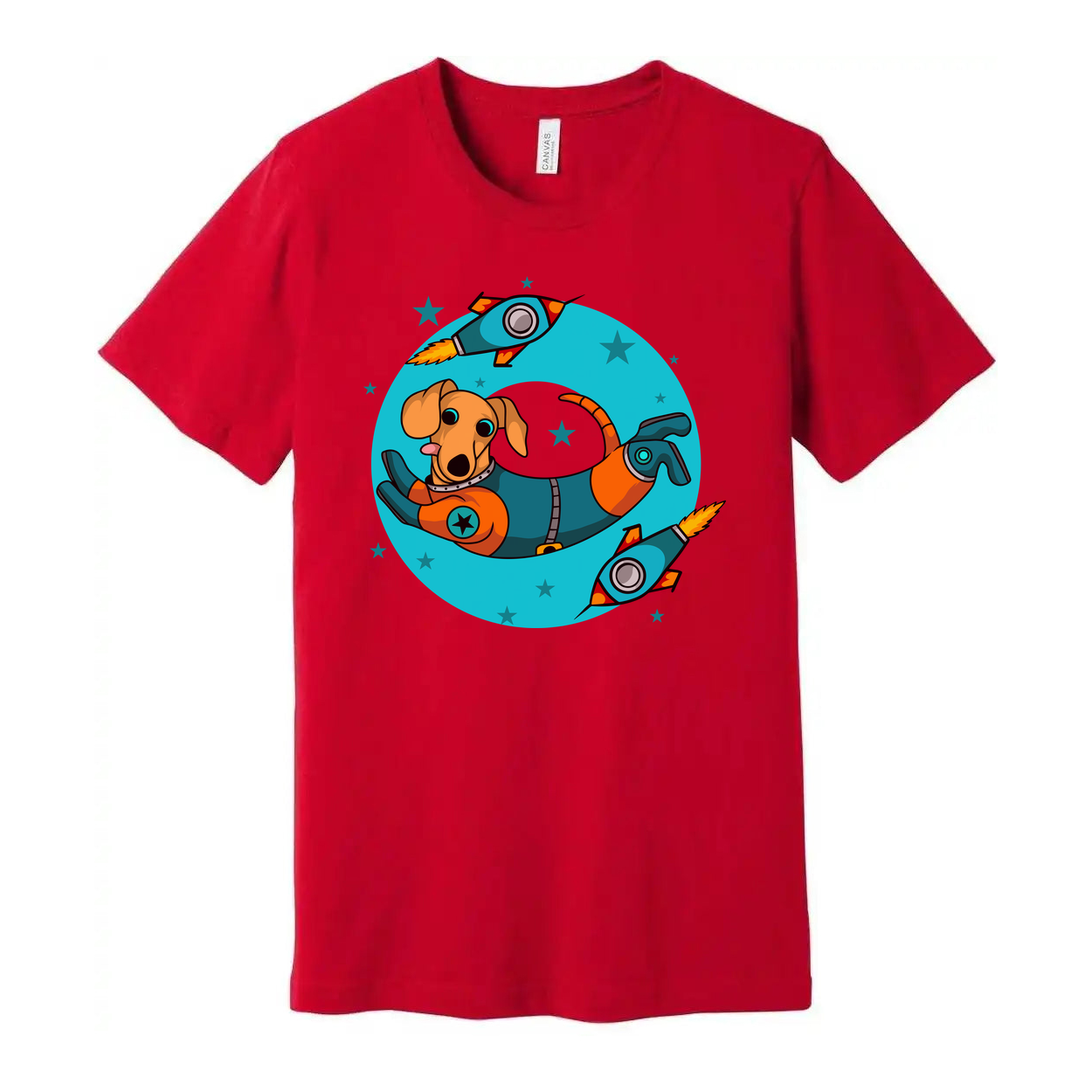 Space Dog In Astronaut Suit Surrounded By Rockets And Stars Graphic Unisex T Shirt