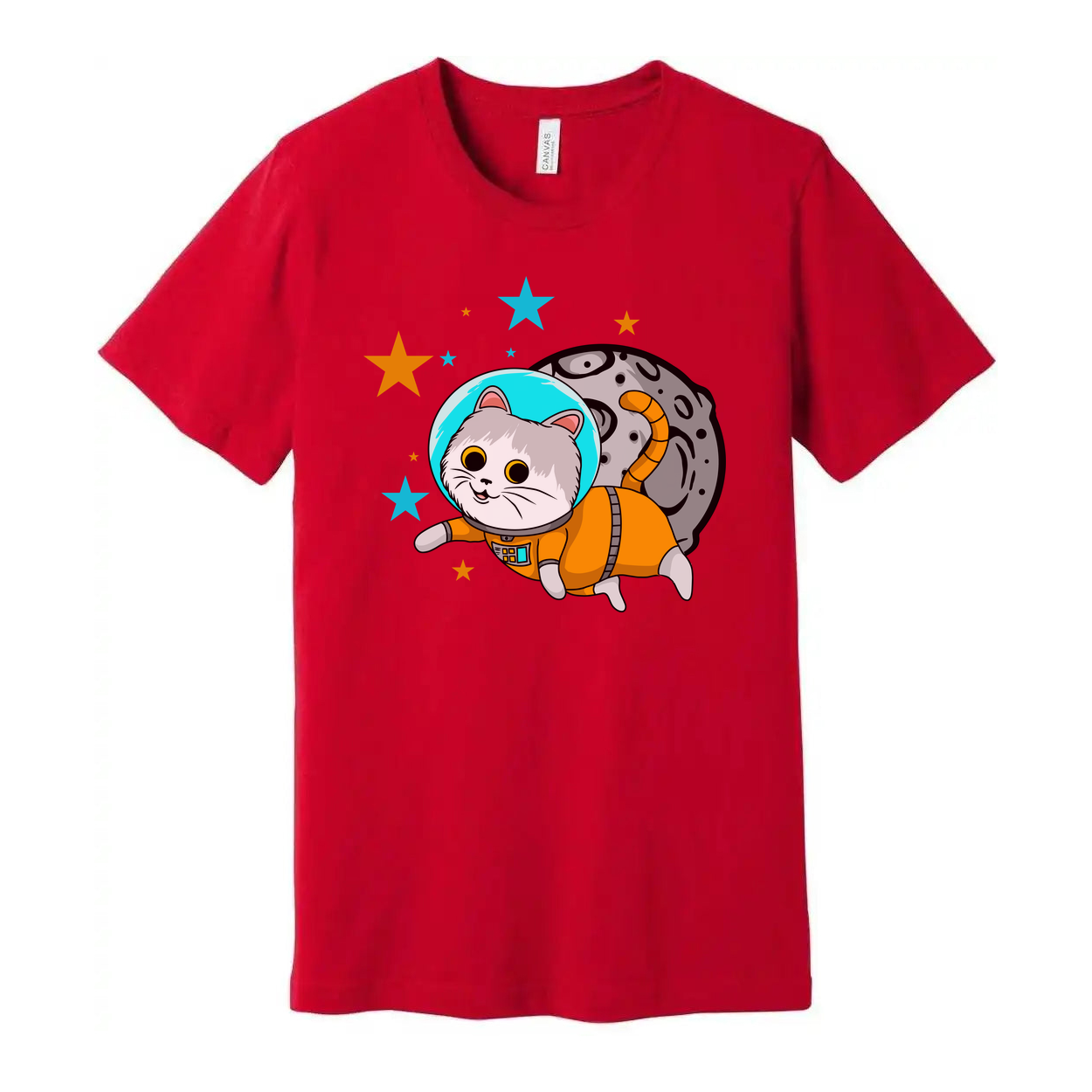 Space Cat Astronaut Cartoon Unisex T Shirt With Orange Spacesuit And Moon Backdrop