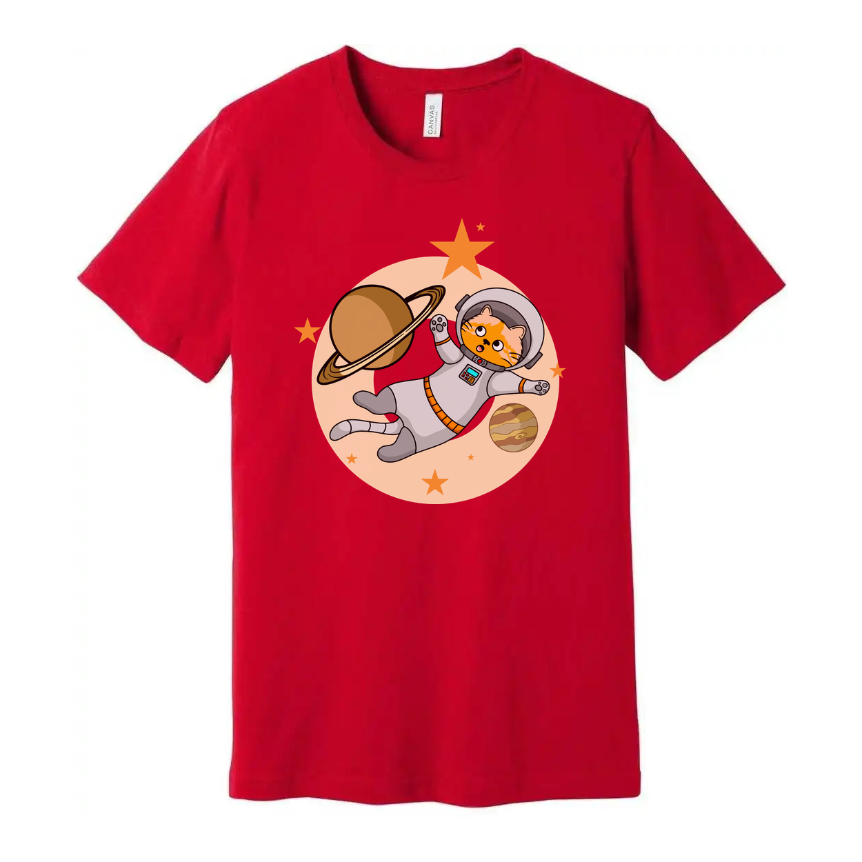 Space Cat Astronaut Floating Among Planets And Stars On Colorful Graphic Tee For Kids And Adults