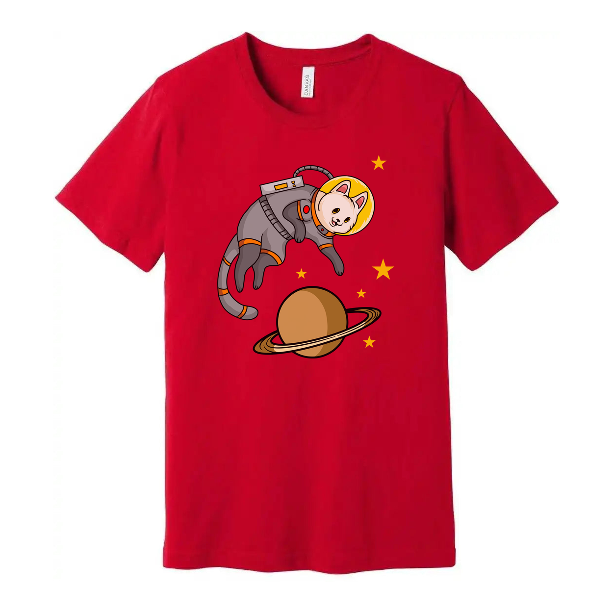 Unisex Space Cat Astronaut Graphic Tee Featuring Saturn Planet And Starry Space Scene