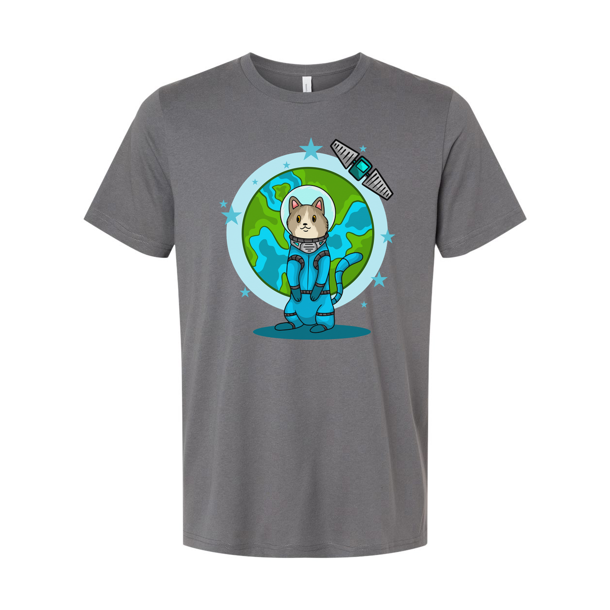 Space Animals Cat In Spacesuit T Shirt With Earth Backdrop And Satellite Graphic Design