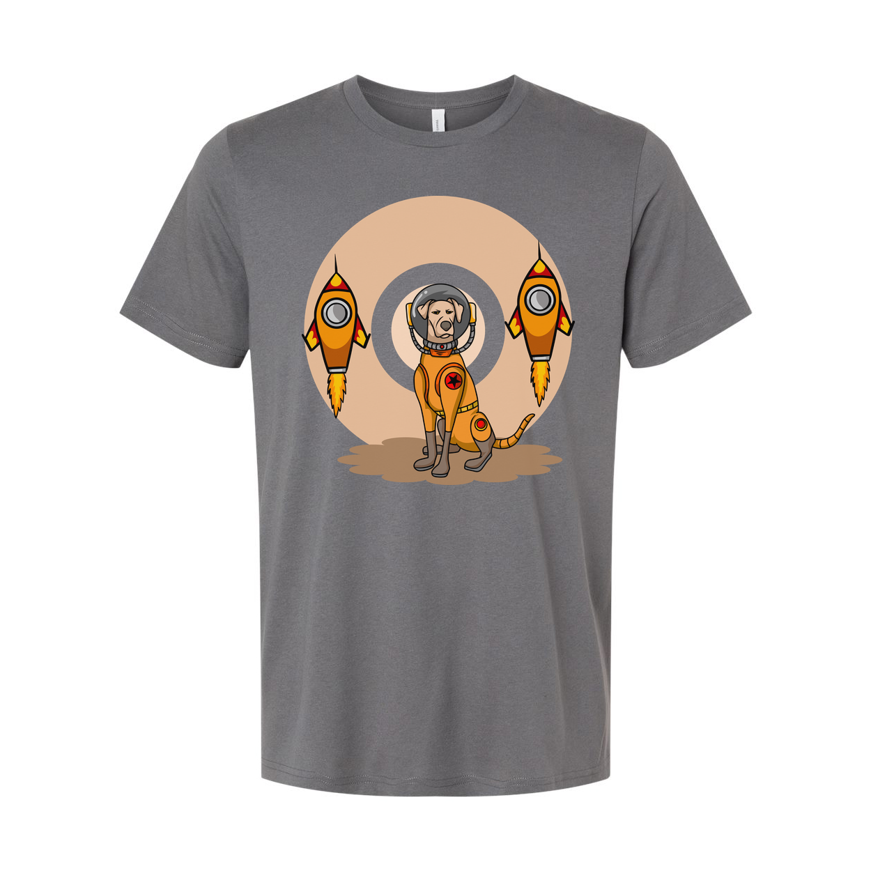 Space Explorer Dog T Shirt With Orange Lunar Rockets Design For Unisex Adults Enthusiasts