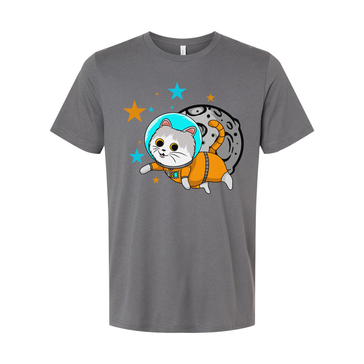 Space Cat Astronaut Cartoon Unisex T Shirt With Orange Spacesuit And Moon Backdrop