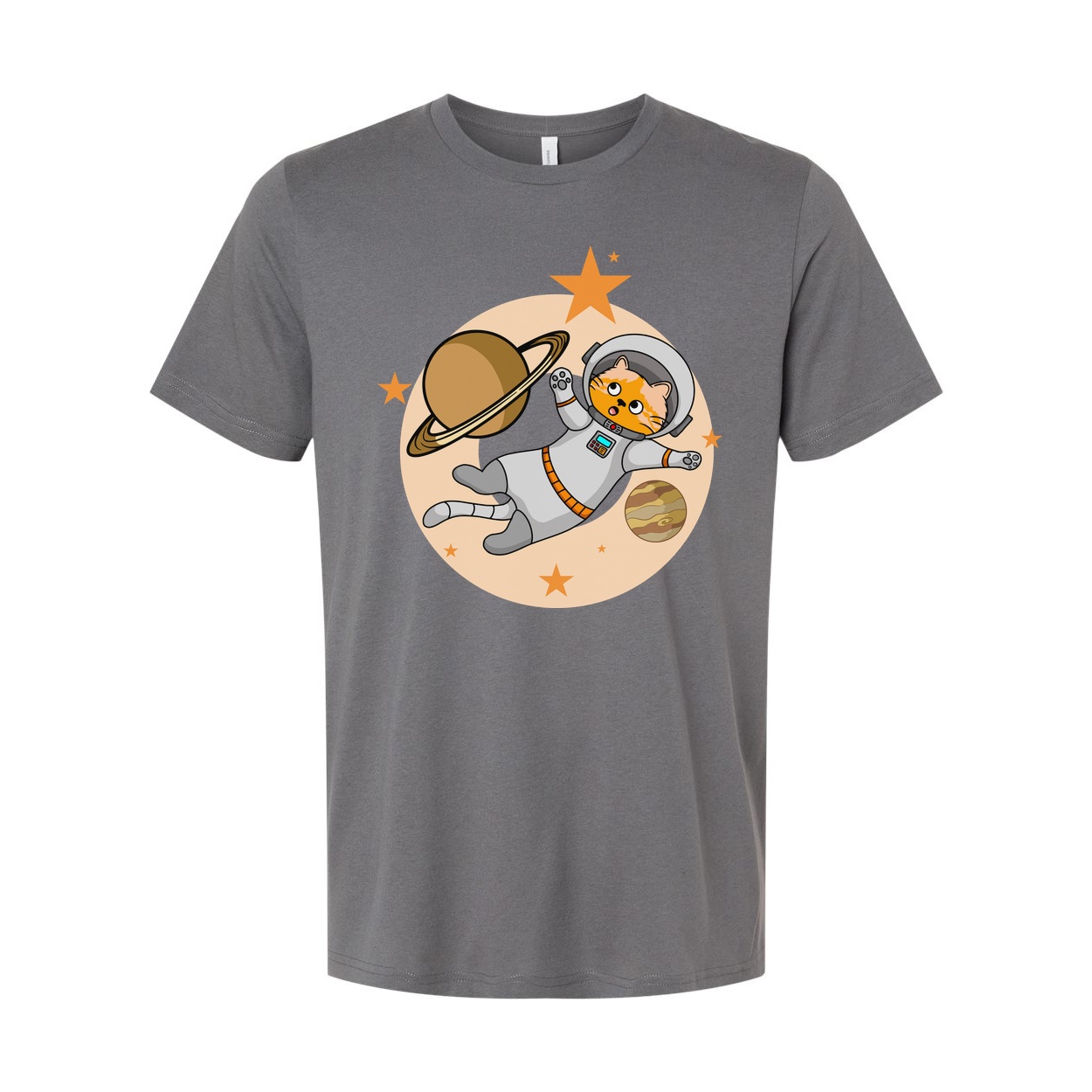 Space Cat Astronaut Floating Among Planets And Stars On Colorful Graphic Tee For Kids And Adults