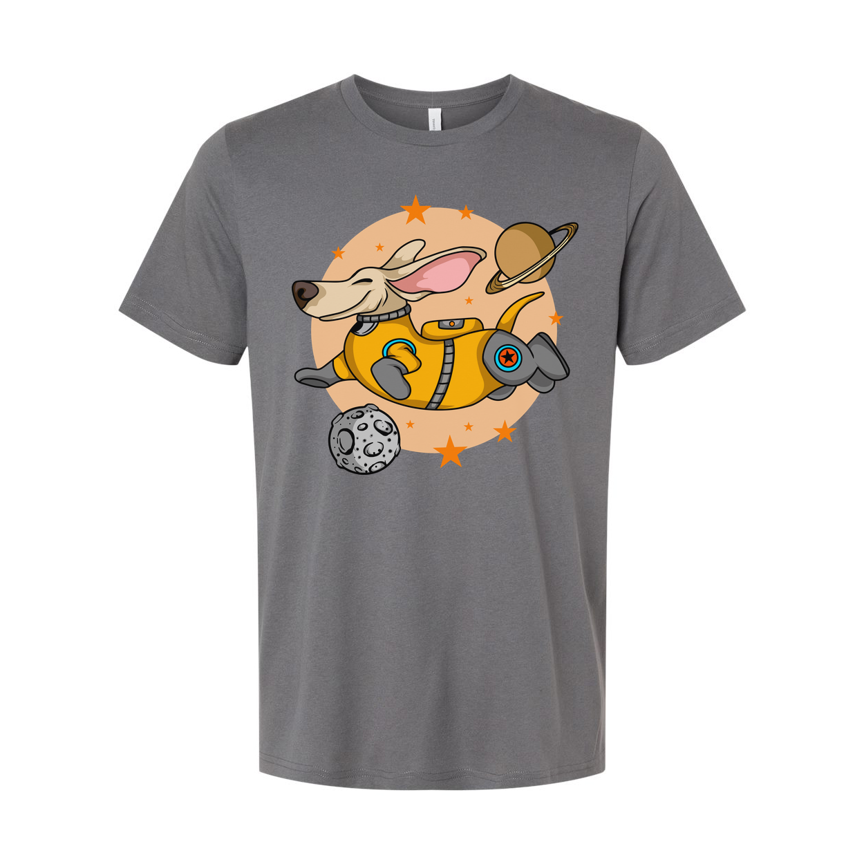 Space Dog Astronaut Cartoon Unisex Tee With Planets And Stars Graphic Shirt For Adults
