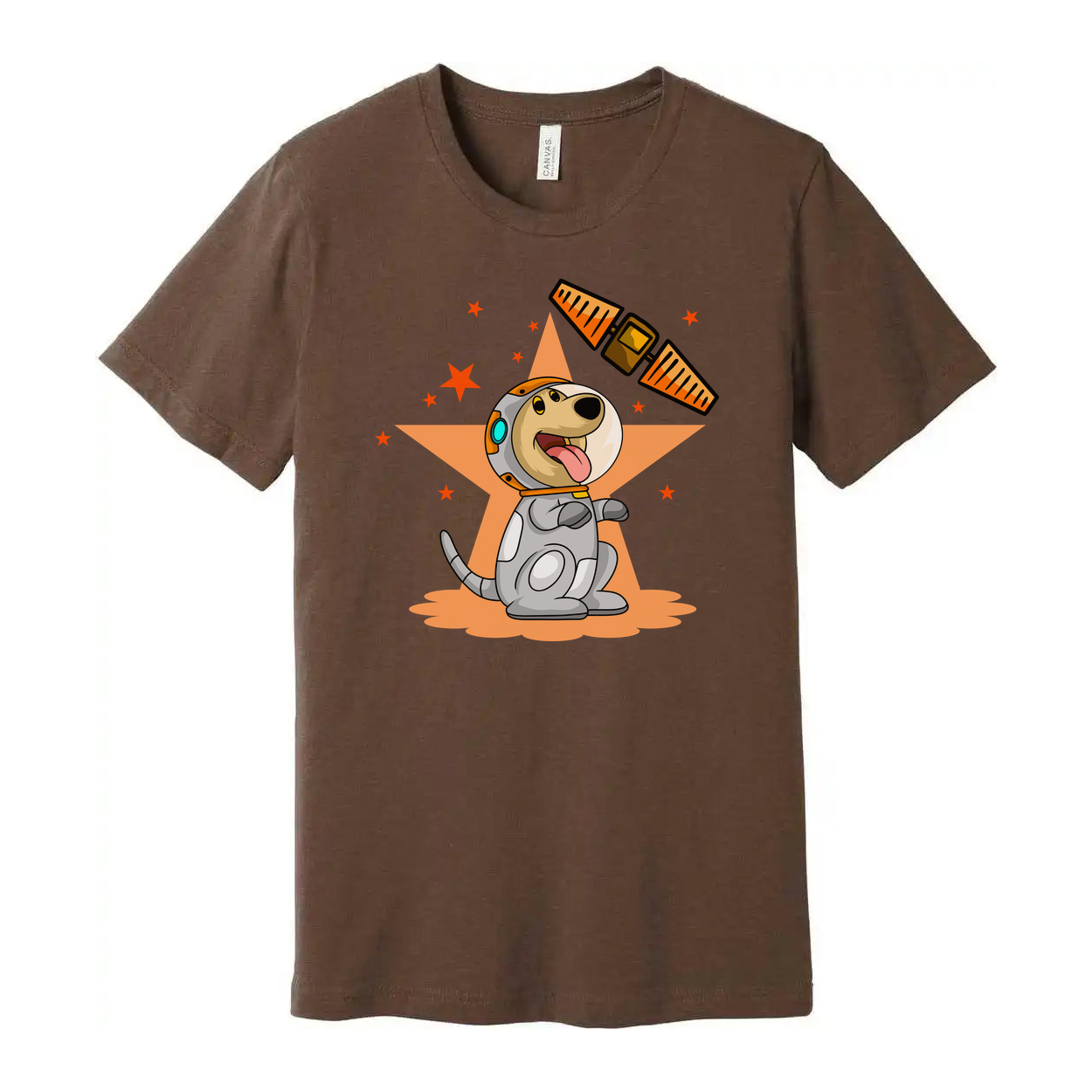 Space Dog Cartoon Graphic Tee With Orange Star Background And Satellite Illustration Design