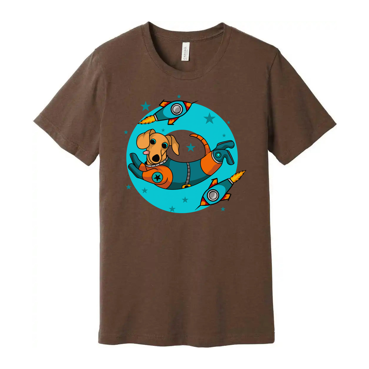 Space Dog In Astronaut Suit Surrounded By Rockets And Stars Graphic Unisex T Shirt