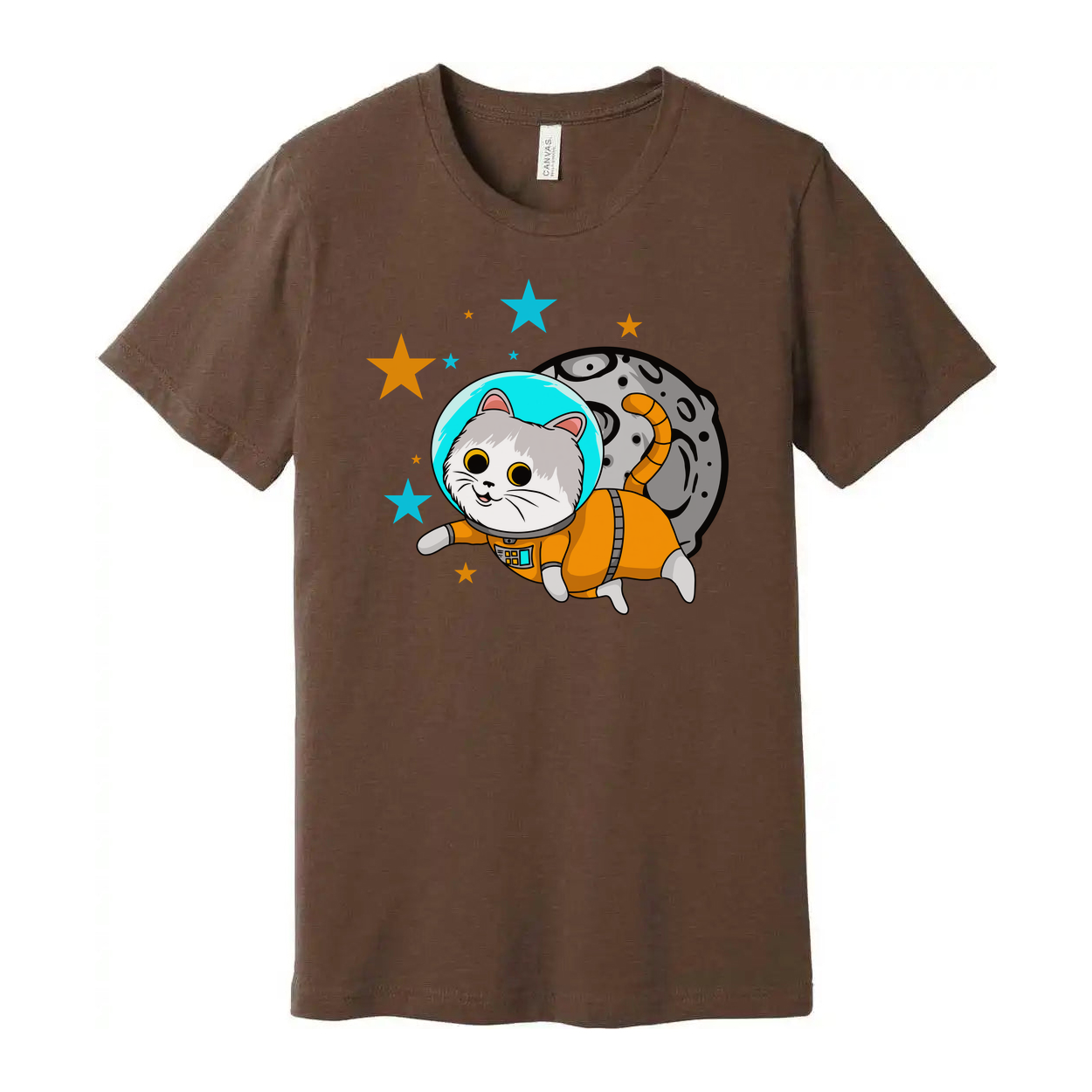 Space Cat Astronaut Cartoon Unisex T Shirt With Orange Spacesuit And Moon Backdrop