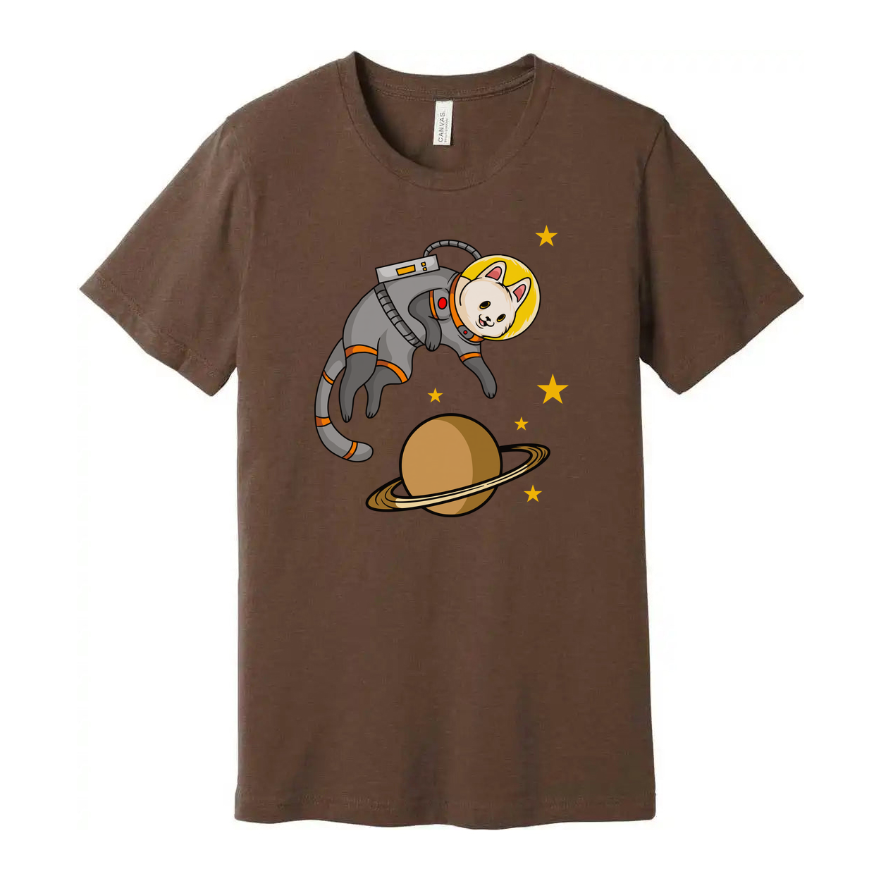 Unisex Space Cat Astronaut Graphic Tee Featuring Saturn Planet And Starry Space Scene