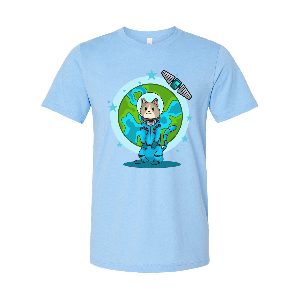 Space Animals Cat In Spacesuit T Shirt With Earth Backdrop And Satellite Graphic Design