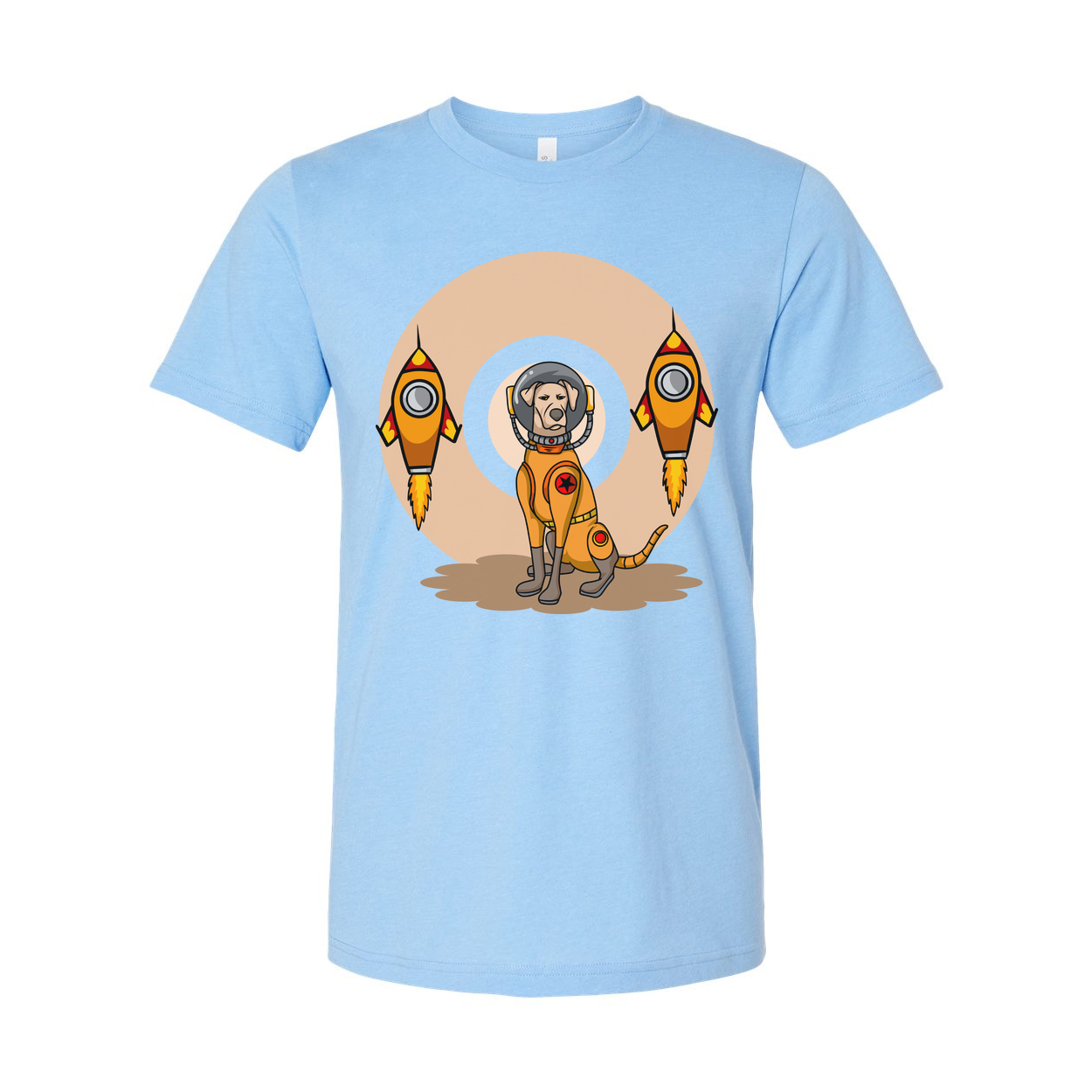 Space Explorer Dog T Shirt With Orange Lunar Rockets Design For Unisex Adults Enthusiasts
