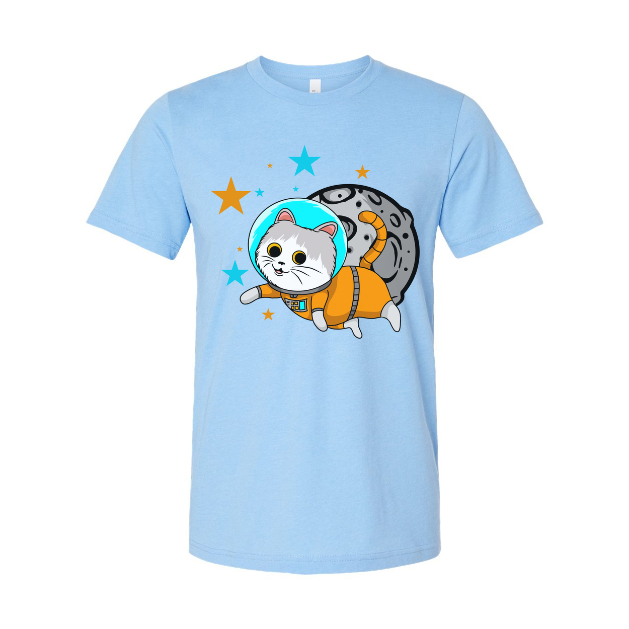 Space Cat Astronaut Cartoon Unisex T Shirt With Orange Spacesuit And Moon Backdrop