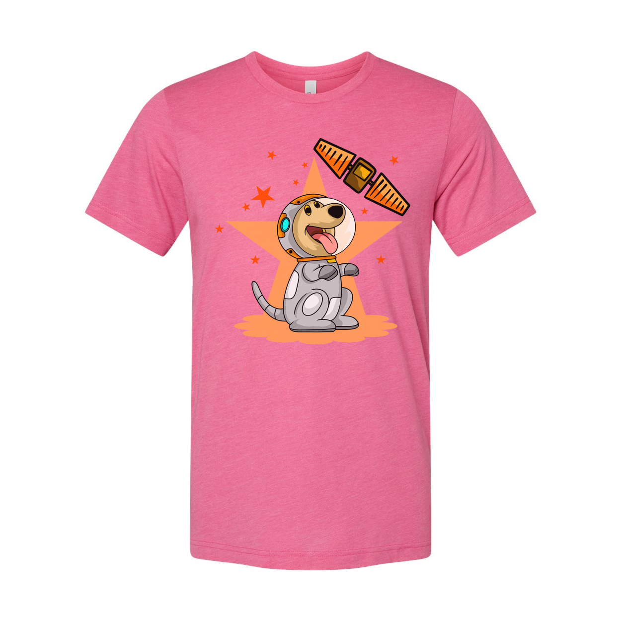 Space Dog Cartoon Graphic Tee With Orange Star Background And Satellite Illustration Design