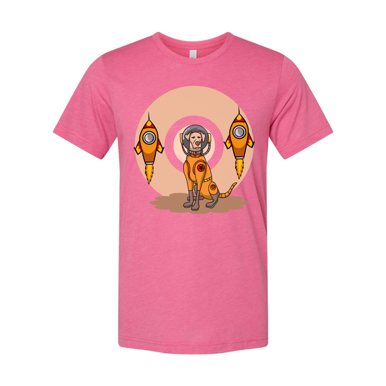 Space Explorer Dog T Shirt With Orange Lunar Rockets Design For Unisex Adults Enthusiasts