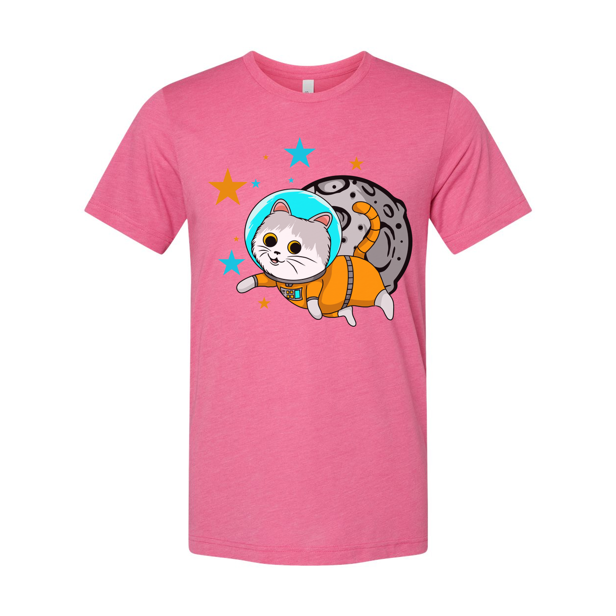 Space Cat Astronaut Cartoon Unisex T Shirt With Orange Spacesuit And Moon Backdrop