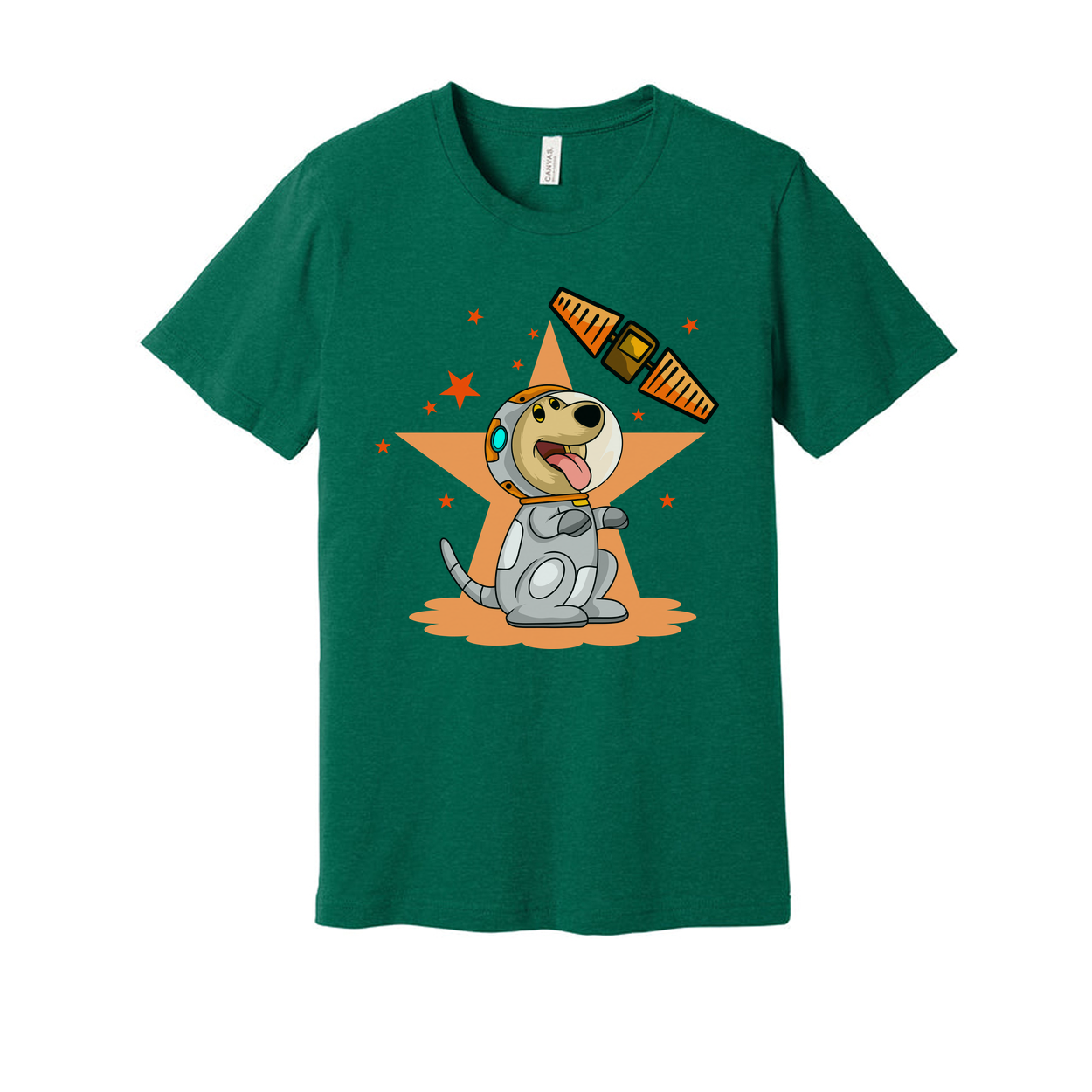Space Dog Cartoon Graphic Tee With Orange Star Background And Satellite Illustration Design