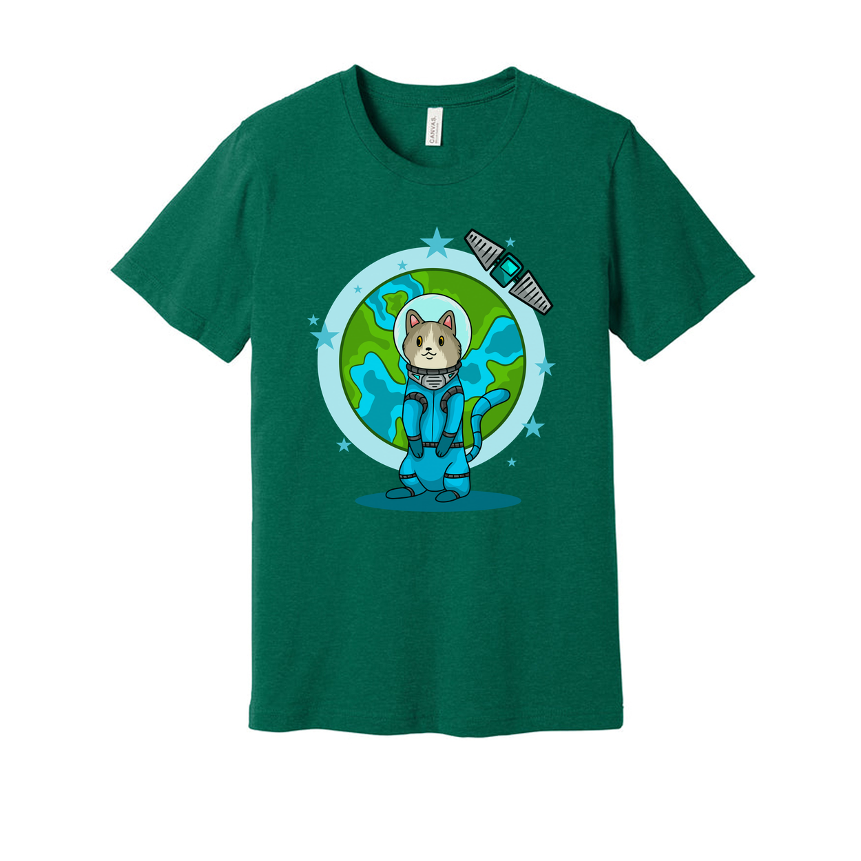 Space Animals Cat In Spacesuit T Shirt With Earth Backdrop And Satellite Graphic Design