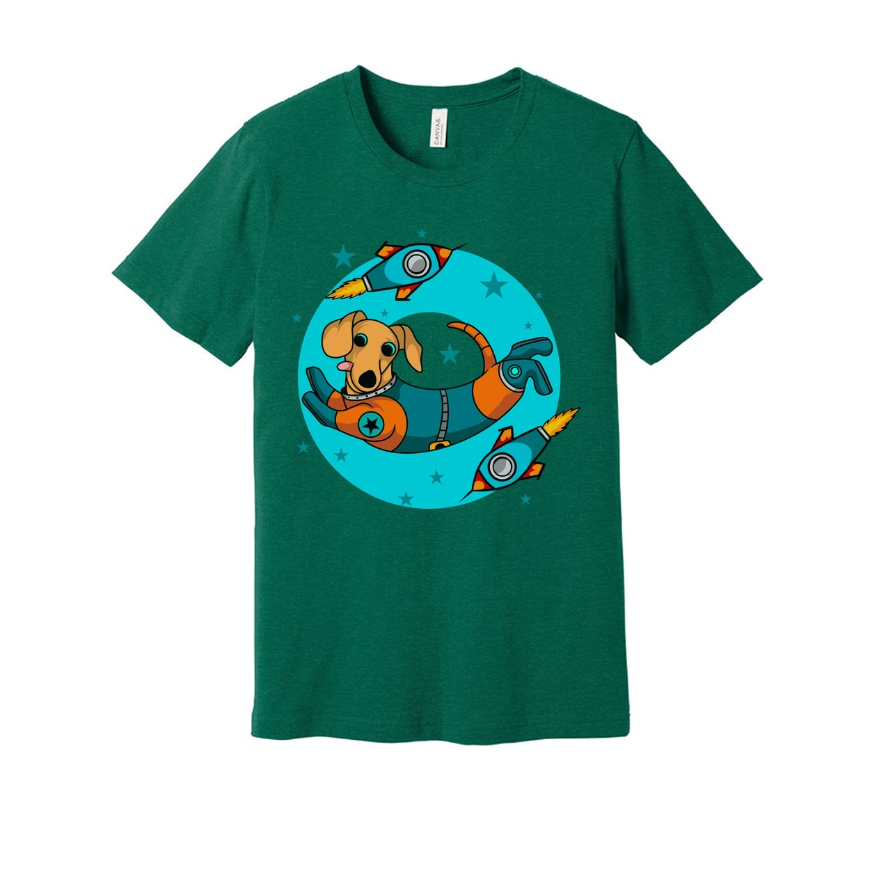 Space Dog In Astronaut Suit Surrounded By Rockets And Stars Graphic Unisex T Shirt