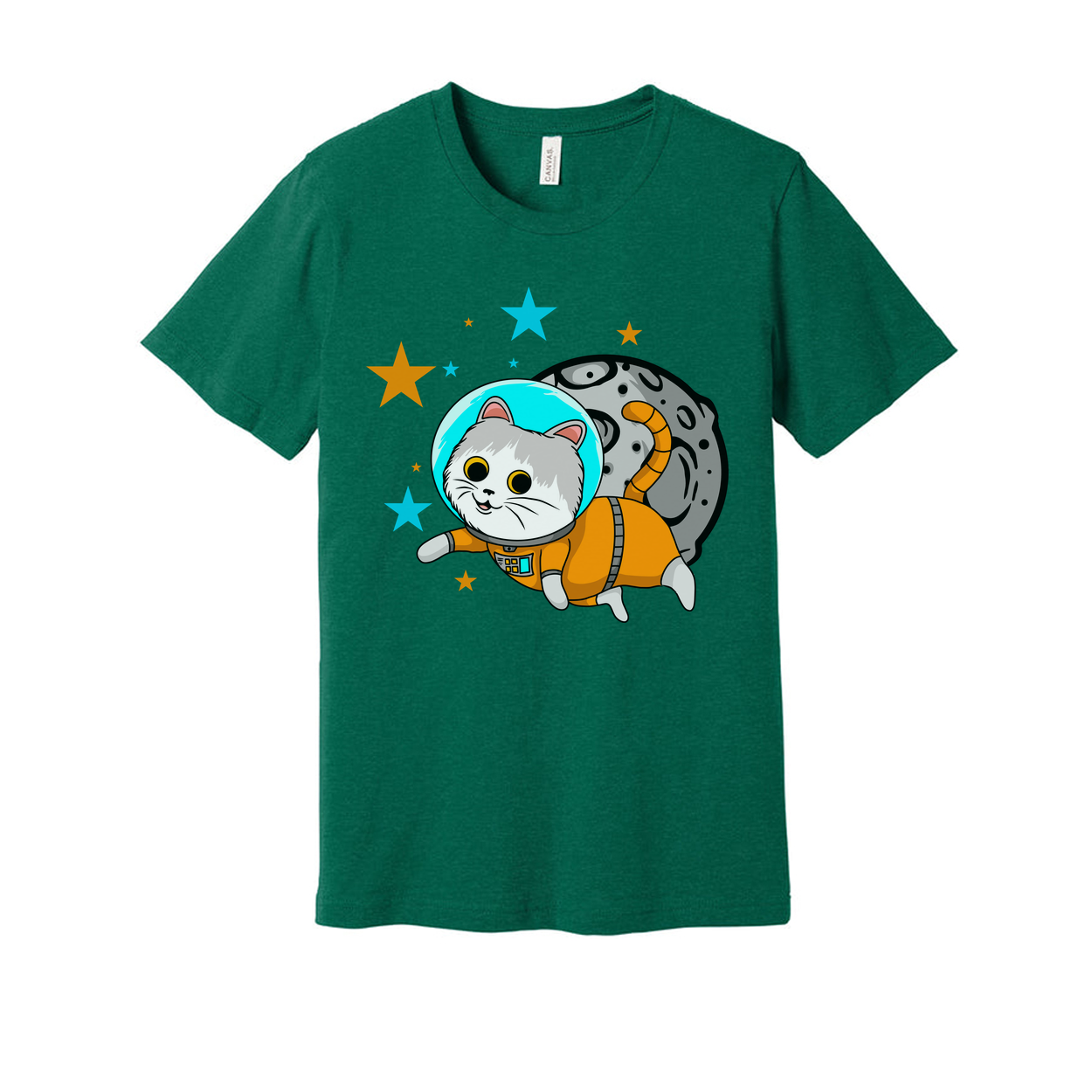 Space Cat Astronaut Cartoon Unisex T Shirt With Orange Spacesuit And Moon Backdrop