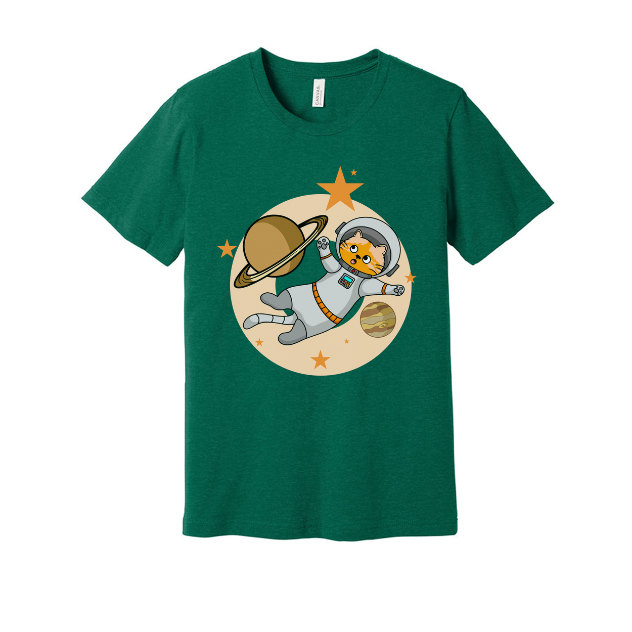 Space Cat Astronaut Floating Among Planets And Stars On Colorful Graphic Tee For Kids And Adults