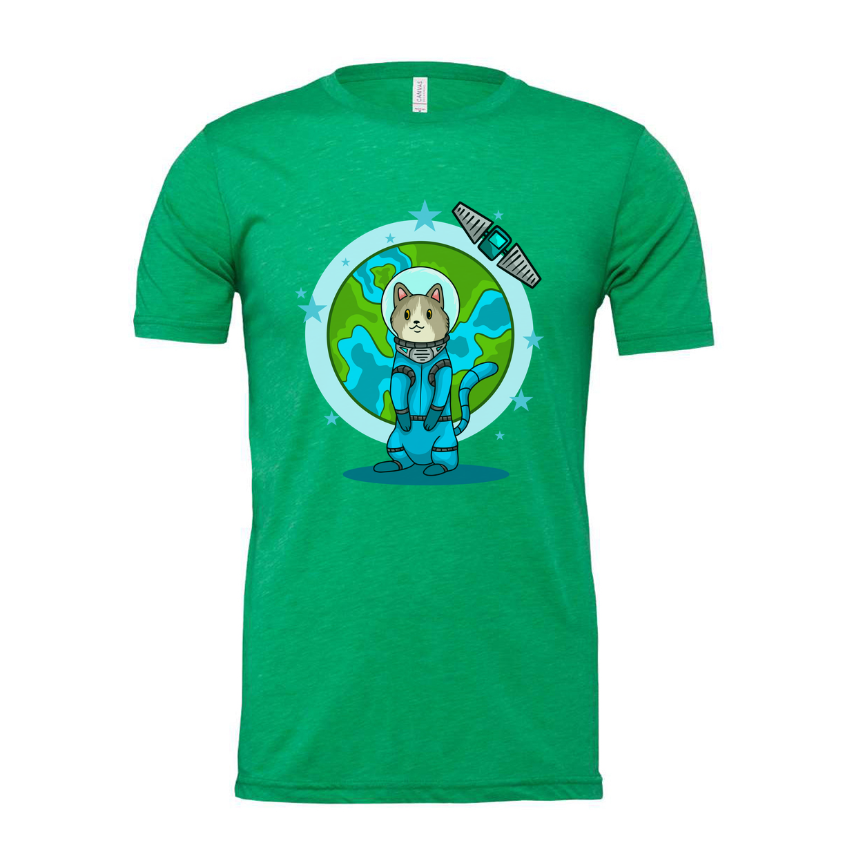 Space Animals Cat In Spacesuit T Shirt With Earth Backdrop And Satellite Graphic Design