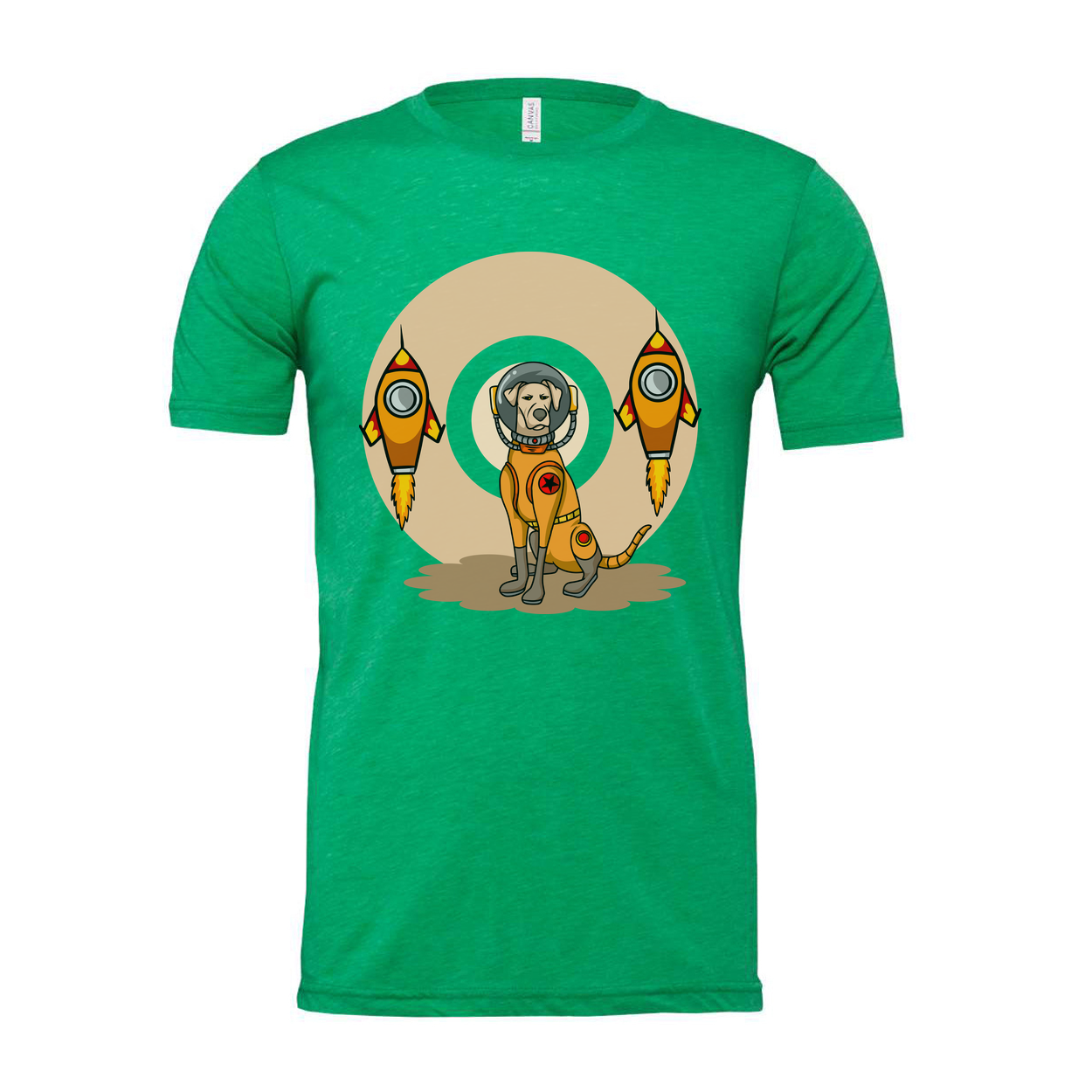 Space Explorer Dog T Shirt With Orange Lunar Rockets Design For Unisex Adults Enthusiasts